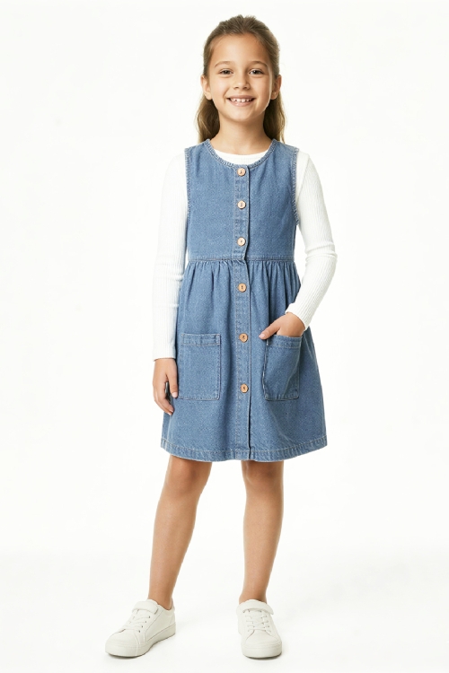 Kız Çocuk 2li Jean Elbise (Çift Cepli Jean Elbise+Bluz)12533