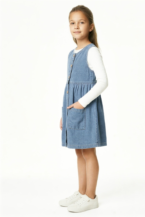 Kız Çocuk 2li Jean Elbise (Çift Cepli Jean Elbise+Bluz)12533