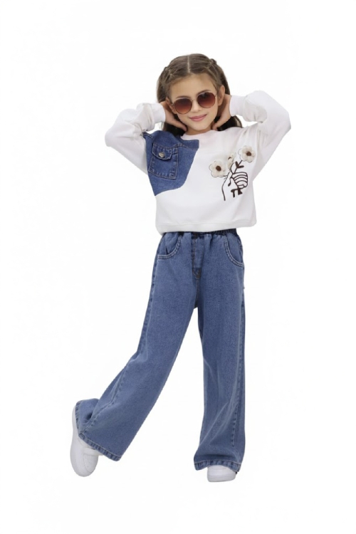 Kız Çocuk 2li Jean Takım (Pantolon+Sweatshirt) 5-10 Yaş 12470