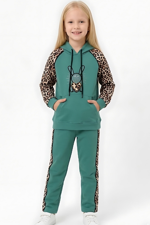 Kız Çocuk 3 İplik Alt-Üst Takım Kapüşonlu Rotasyon Desenli Nakış ve Taş Baskılı 12311