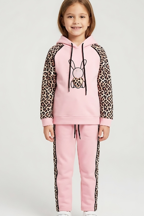 Kız Çocuk 3 İplik Alt-Üst Takım Kapüşonlu Rotasyon Desenli Nakış ve Taş Baskılı 12311