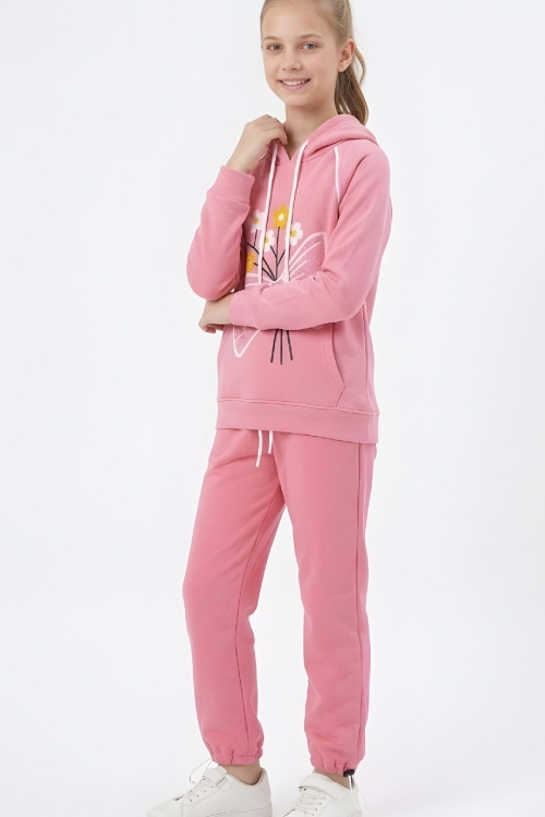 Kız Çocuk 3 iplik Kapüşonlu Nakış ve Taş Baskılı Paça Sıkma Aparatlı Alt-Üst Takım 12310
