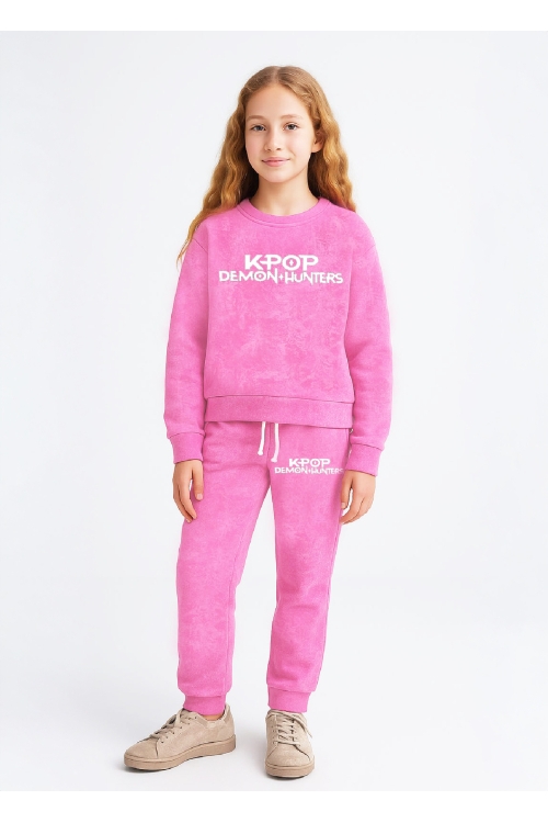 Kız Çocuk 3 İplik Şardonlu-Batik Desenli-Baskılı Alt-Üst Takım-3 -10 Yaş 12409