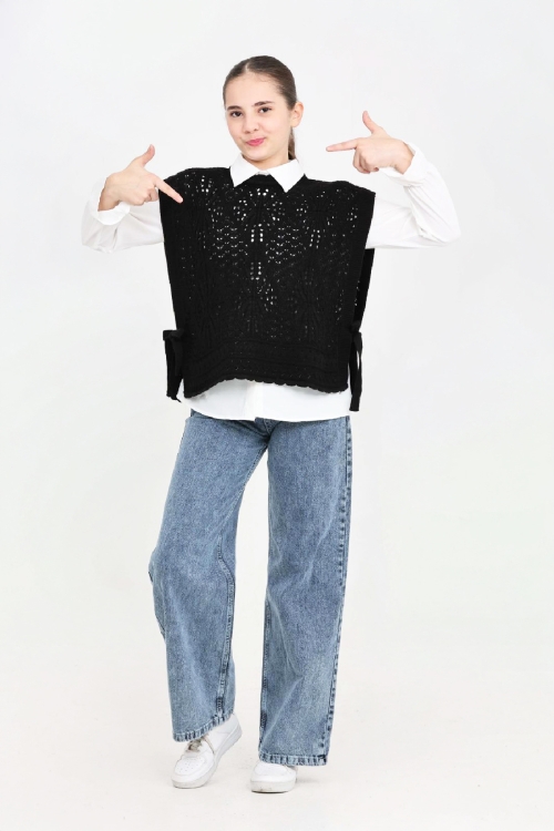 Kız Çocuk 3lü Jean Takım (Pantolon+Gömlek+Triko Yelek)  5-15 Yaş 12545