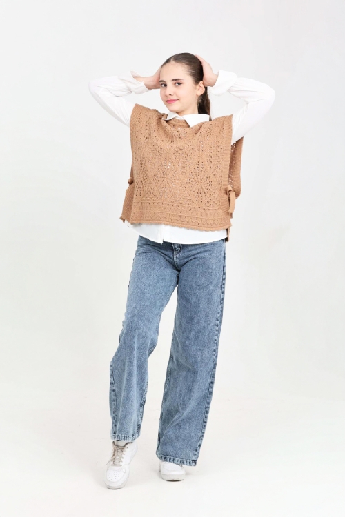 Kız Çocuk 3lü Jean Takım (Pantolon+Gömlek+Triko Yelek)  5-15 Yaş 12545