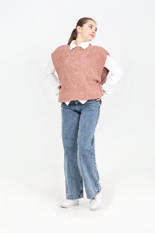 Kız Çocuk 3lü Jean Takım (Pantolon+Gömlek+Triko Yelek)  5-15 Yaş 12545