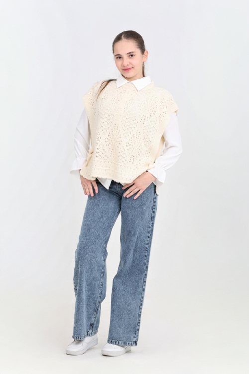 Kız Çocuk 3lü Jean Takım (Pantolon+Gömlek+Triko Yelek)  5-15 Yaş 12545