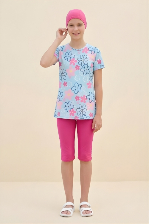 Kız Çocuk 3lü Mayo Takımı (Kısa Kollu Üst+Diz Boy Alt ve Bone) 7-16 Yaş 12591B