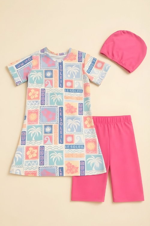 Kız Çocuk 3lü Mayo Takımı (Tunik Boy Kısa Kollu Üst+Diz Boy Alt ve Bone) 7-16 Yaş 12592B