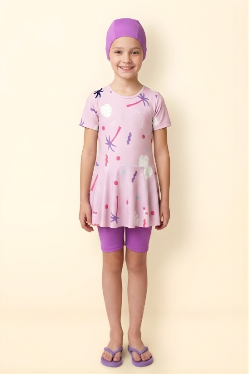 Kız Çocuk 3lü Mayo Takımı (Tunik Boy Üst+Diz Boy Alt ve Bone) 7-16 Yaş 12600B