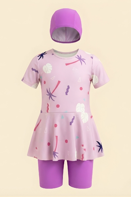 Kız Çocuk 3lü Mayo Takımı (Tunik Boy Üst+Diz Boy Alt ve Bone) 7-16 Yaş 12600B