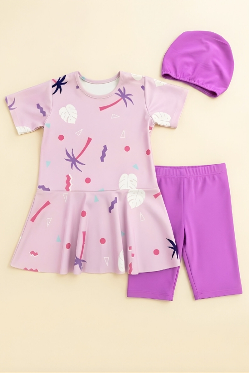 Kız Çocuk 3lü Mayo Takımı (Tunik Boy Üst+Diz Boy Alt ve Bone) 7-16 Yaş 12600B