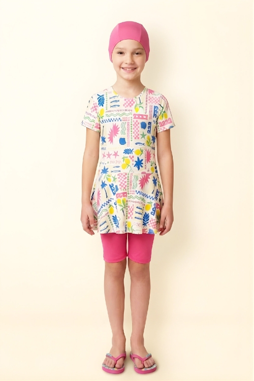 Kız Çocuk 3lü Mayo Takımı (Tunik Boy Üst+Diz Boy Alt ve Bone) 7-12 Yaş 12603B