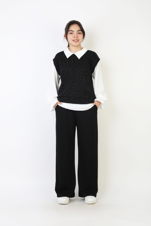 Kız Çocuk 3lü Takım - Double Face Kumaş-Taş Süslemeli ve Geniş Paçalı 12509