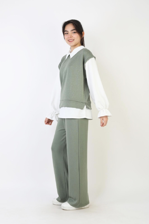 Kız Çocuk 3lü Takım - Double Face Kumaş-Taş Süslemeli ve Geniş Paçalı 12509