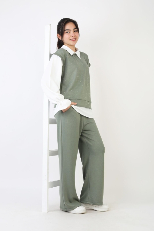 Kız Çocuk 3lü Takım - Double Face Kumaş-Taş Süslemeli ve Geniş Paçalı 12509