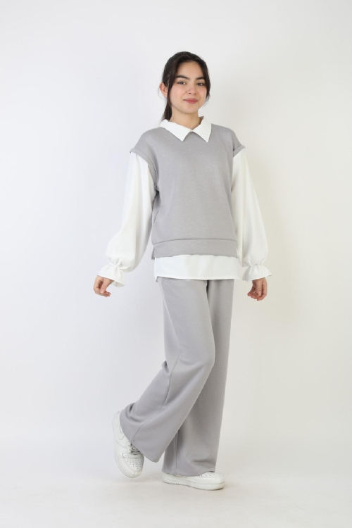 Kız Çocuk 3lü Takım - Double Face Kumaş-Taş Süslemeli ve Geniş Paçalı 12509