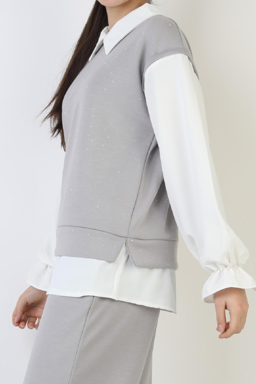 Kız Çocuk 3lü Takım - Double Face Kumaş-Taş Süslemeli ve Geniş Paçalı 12509