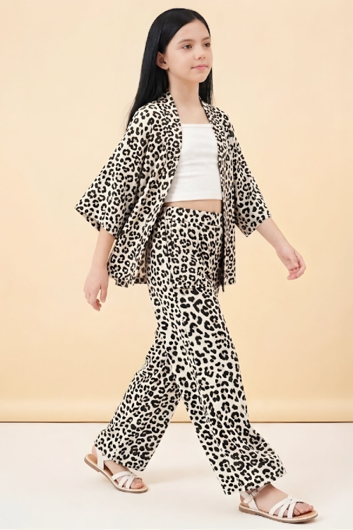 Kız Çocuk 3lü Takım -Rotasyon  Desenli Ceket+Pantolon+Badi 5-14 Yaş 12579HC