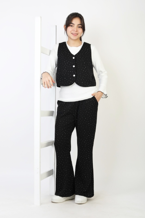 Kız Çocuk 3lü Takım-Yelekli,Taş Süslemeli ve Geniş Paçalı 12515