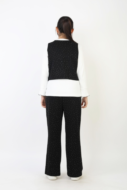 Kız Çocuk 3lü Takım-Yelekli,Taş Süslemeli ve Geniş Paçalı 12515