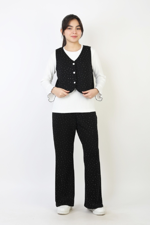 Kız Çocuk 3lü Takım-Yelekli,Taş Süslemeli ve Geniş Paçalı 12515