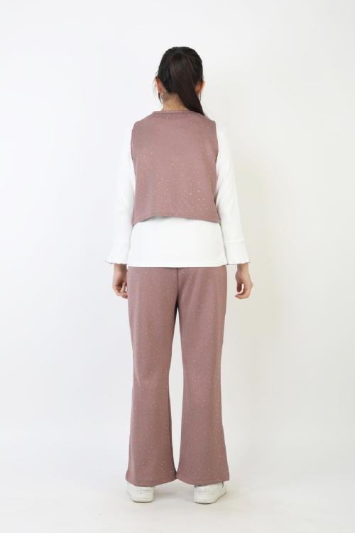 Kız Çocuk 3lü Takım-Yelekli,Taş Süslemeli ve Geniş Paçalı 12515