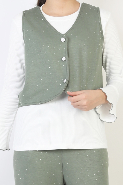 Kız Çocuk 3lü Takım-Yelekli,Taş Süslemeli ve Geniş Paçalı 12515