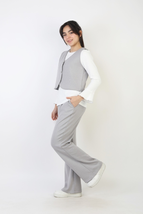 Kız Çocuk 3lü Takım-Yelekli,Taş Süslemeli ve Geniş Paçalı 12515