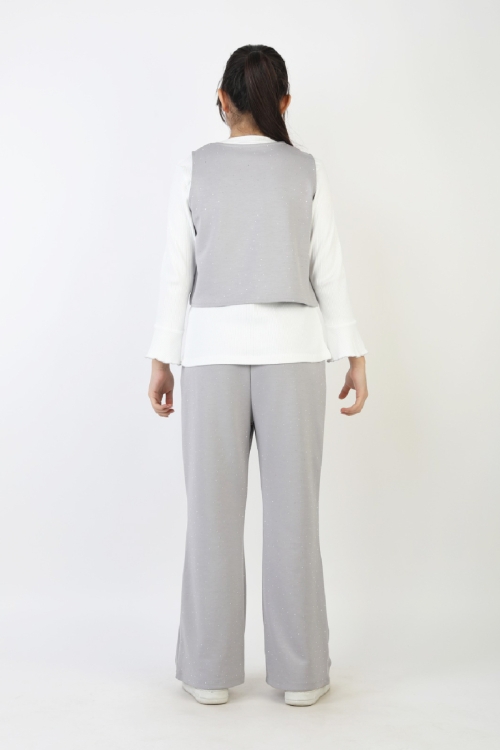 Kız Çocuk 3lü Takım-Yelekli,Taş Süslemeli ve Geniş Paçalı 12515