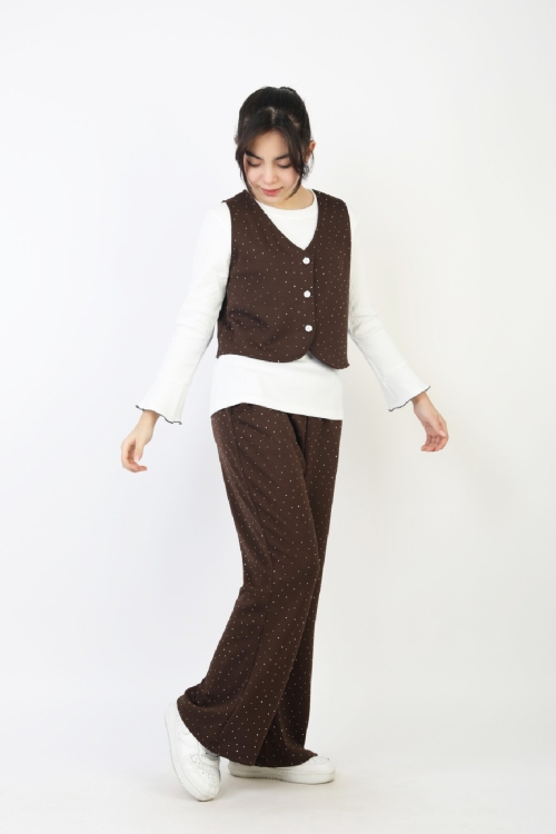 Kız Çocuk 3lü Takım-Yelekli,Taş Süslemeli ve Geniş Paçalı 12515