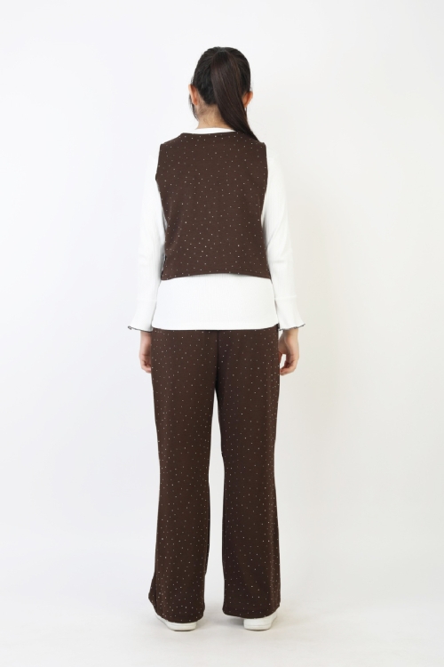 Kız Çocuk 3lü Takım-Yelekli,Taş Süslemeli ve Geniş Paçalı 12515