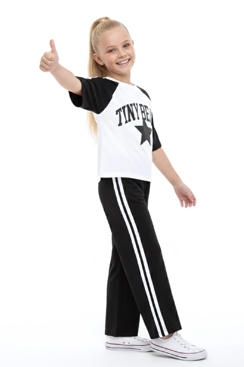 Kız Çocuk Alt-Üst Takım-Garni ve Biye Detaylı -Yazı Baskılı 4-12 Yaş 12549