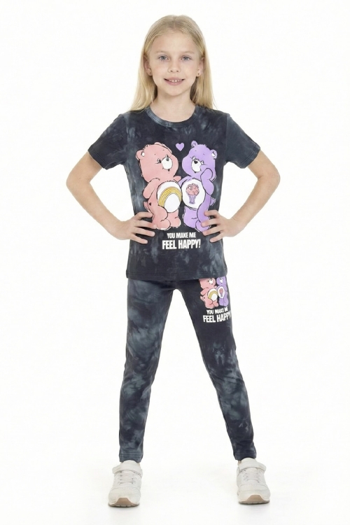 Kız Çocuk Ayıcık Baskılı Batik Desenli Alt-Üst Takım 3-10 Yaş 12546