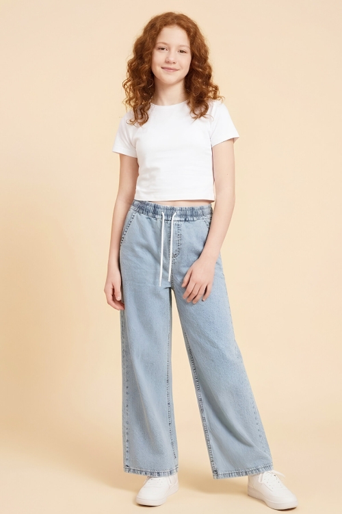 Kız Çocuk Beli Lastikli ve Kordonlu Geniş Kesim Jean Pantolon 7-15 Yaş 12679SK