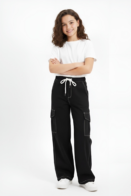 Kız Çocuk Beli Lastikli Ve Kordonlu-Kargo Cepli Jean Pantolon 12-16 Yaş 12524