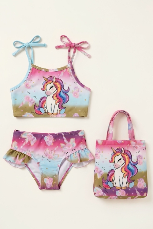 Kız Çocuk Çantalı 3lü Mayo Takımı (Çanta+Mayo+Bikini) 3-10 Yaş 12586N