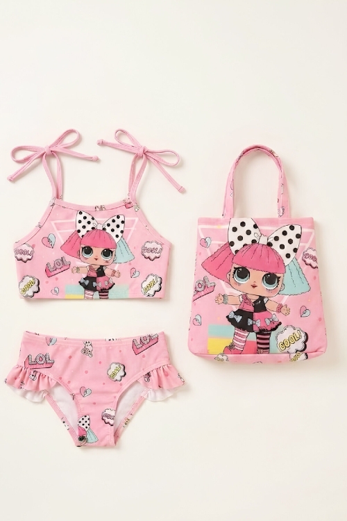 Kız Çocuk Çantalı 3lü Mayo Takımı (Çanta+Mayo+Bikini) 3-10 Yaş 12649N