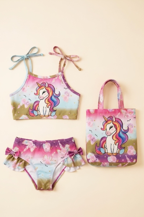 Kız Çocuk Çantalı 3lü Mayo Takımı (Çanta+Mayo+Bikini) 3-10 Yaş 12649N
