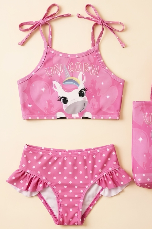 Kız Çocuk Çantalı 3lü Mayo Takımı (Çanta+Mayo+Bikini) 3-10 Yaş 12649N