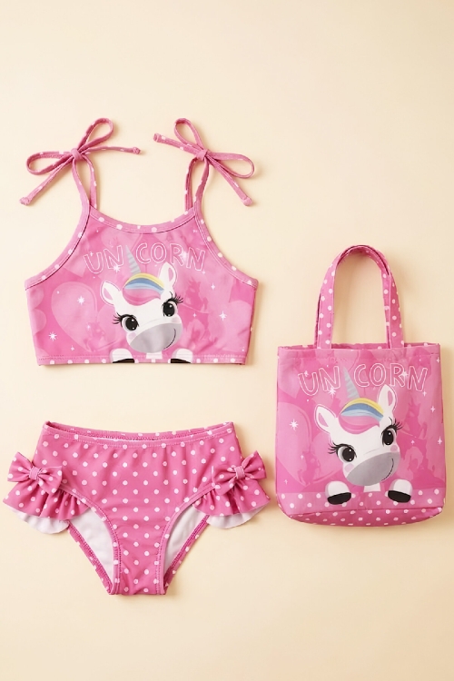 Kız Çocuk Çantalı 3lü Mayo Takımı (Çanta+Mayo+Bikini) 3-10 Yaş 12649N