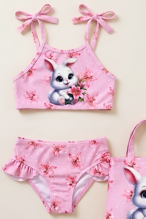 Kız Çocuk Çantalı 3lü Mayo Takımı (Çanta+Mayo+Bikini) 3-10 Yaş 12648N