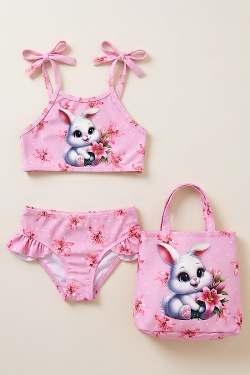Kız Çocuk Çantalı 3lü Mayo Takımı (Çanta+Mayo+Bikini) 3-10 Yaş 12648N