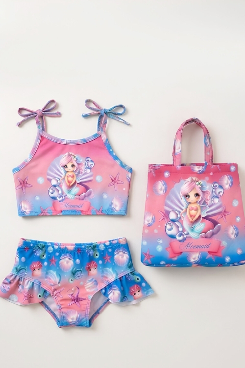 Kız Çocuk Çantalı 3lü Mayo Takımı (Çanta+Mayo+Bikini) 3-10 Yaş 12648N