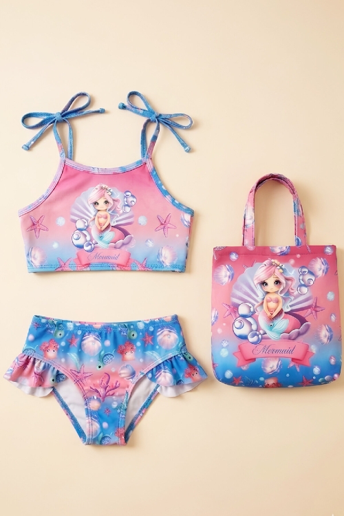 Kız Çocuk Çantalı 3lü Mayo Takımı (Çanta+Mayo+Bikini) 3-10 Yaş 12648N