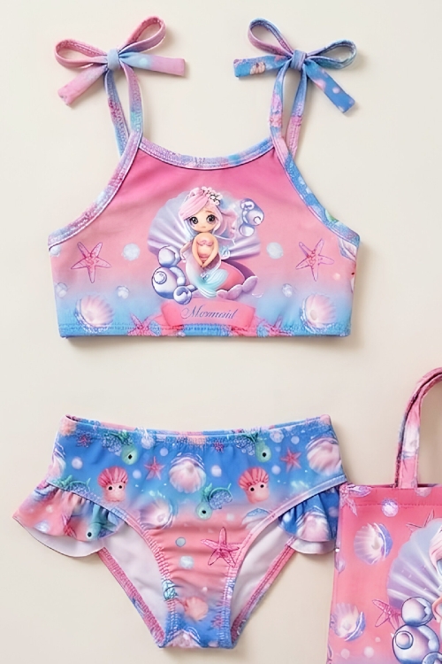 Kız Çocuk Çantalı 3lü Mayo Takımı (Çanta+Mayo+Bikini) 3-10 Yaş 12648N