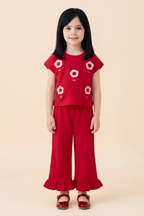 Kız Çocuk Çiçek Nakışlı Alt-Üst Takım 3-10 Yaş 12651OZ