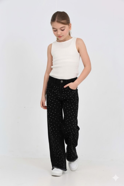 Kız Çocuk Destroy Paçalı-Geniş Kesim Jean Pantolon 5-15 Yaş 12488