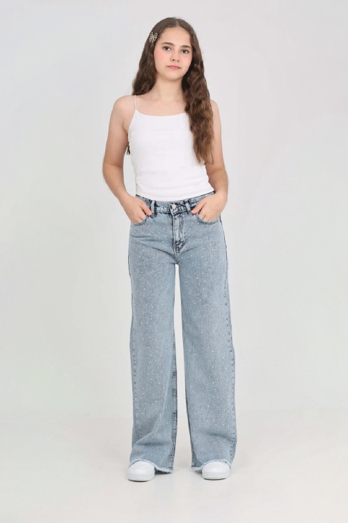 Kız Çocuk Destroy Paçalı-Geniş Kesim Jean Pantolon 5-15 Yaş 12488