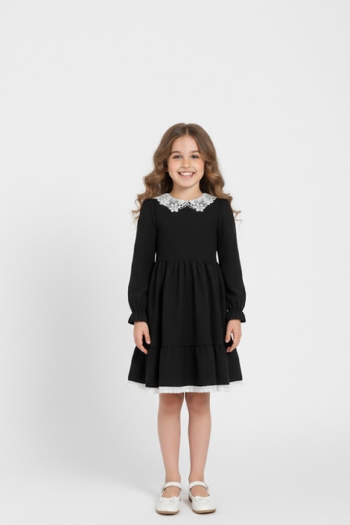 Kız Çocuk Elbise -Bürümcük Kumaş-Yaka ve Etek Uçları Nakış Detaylı 4-9 Yaş 12516